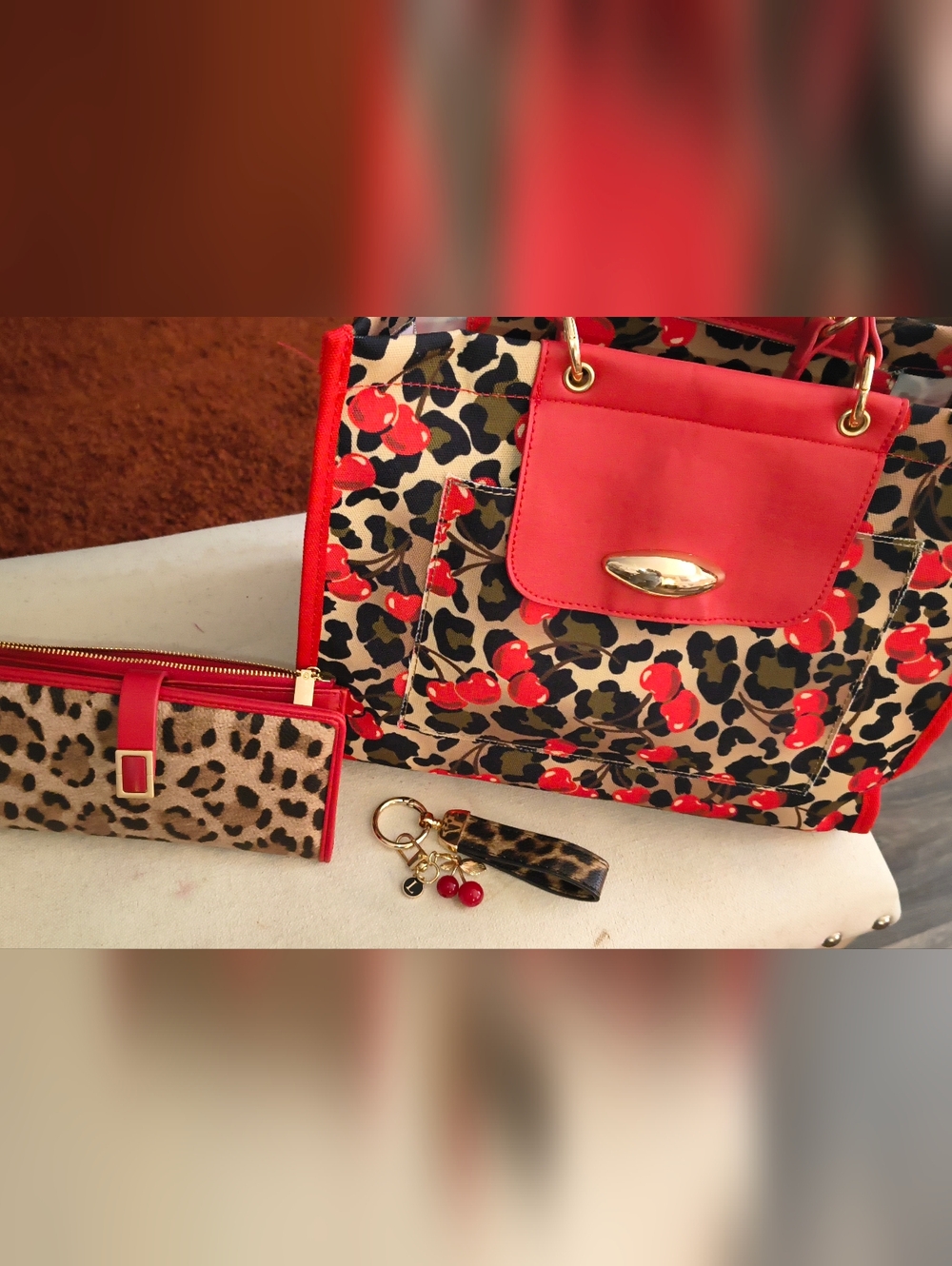 SHEIN Red Cherry & Leopard Print Tote  Matching Wallet Free Keychain